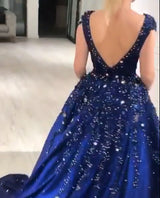 Luxurious Dark Navy Deep V-neck Cap sleeves Ball Gown Sparkle Beaded Prom Dresses-Ballbella