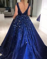 Luxurious Dark Navy Deep V-neck Cap sleeves Ball Gown Sparkle Beaded Prom Dresses-Ballbella