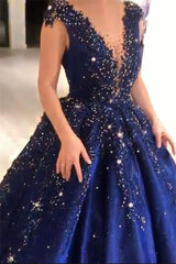 Luxurious Dark Navy Deep V-neck Cap sleeves Ball Gown Sparkle Beaded Prom Dresses-Ballbella