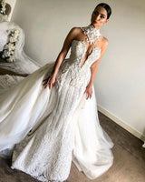 Luxurious High Neck Mermaid Sleeveless Wedding DressNew Arrival Lace Appliques Overskirt Bridal Gown-Ballbella