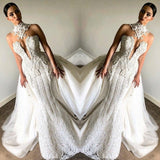 Luxurious High Neck Mermaid Sleeveless Wedding DressNew Arrival Lace Appliques Overskirt Bridal Gown-Ballbella