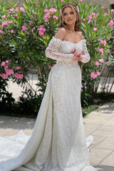 Luxurious Long Ivory Off-the-shoulder Lace Beading Long Sleeves Bridal Wear Long-Ballbella