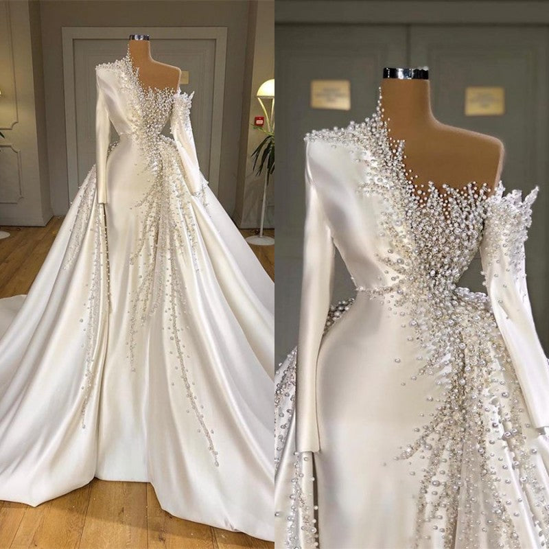 Luxurious Long Sleeve Pearls Overskirt Wedding Dress Online-Ballbella