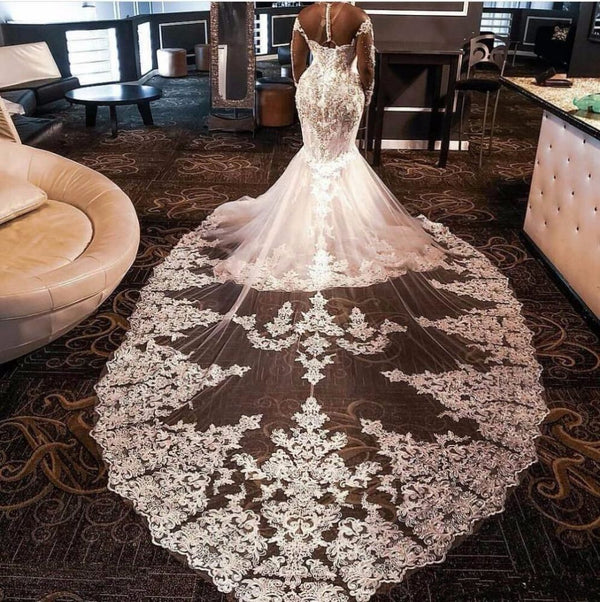 Luxurious Long Sleevess Beading Appliques Rhinestones Mermaid Wedding Dress with Sweep Train-Ballbella