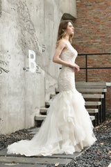 Luxurious Mermaid Ivory V neck Spring Lace Wedding Dress with Ruffless Train-Ballbella