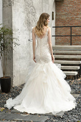 Luxurious Mermaid Ivory V neck Spring Lace Wedding Dress with Ruffless Train-Ballbella