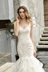 Luxurious Mermaid Ivory V neck Spring Lace Wedding Dress with Ruffless Train-Ballbella