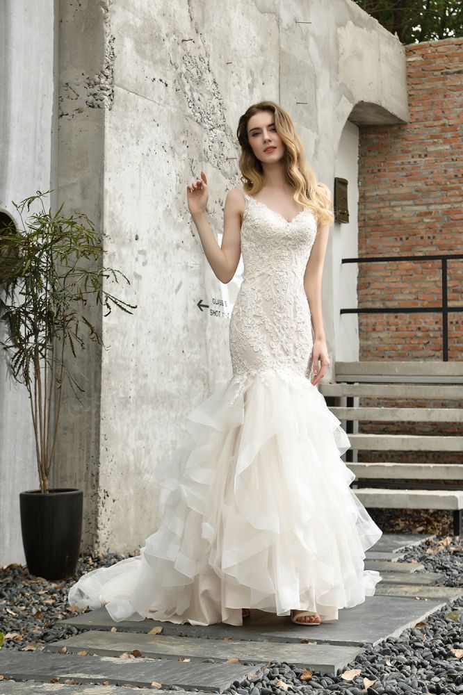 Luxurious Mermaid Ivory V neck Spring Lace Wedding Dress with Ruffless Train-Ballbella