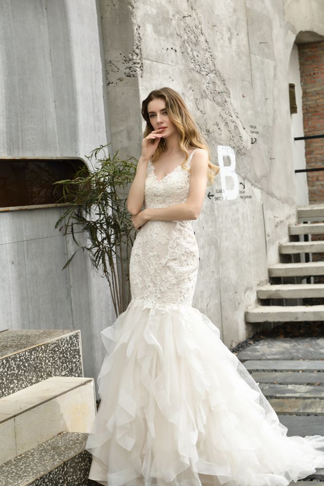 Luxurious Mermaid Ivory V neck Spring Lace Wedding Dress with Ruffless Train-Ballbella