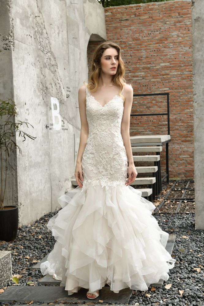 Luxurious Mermaid Ivory V neck Spring Lace Wedding Dress with Ruffless Train-Ballbella