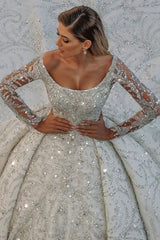 Luxurious Princess Ball Gown Long Sleevess Sparkly sequins Bridal Gowns with Sweep Train-Ballbella