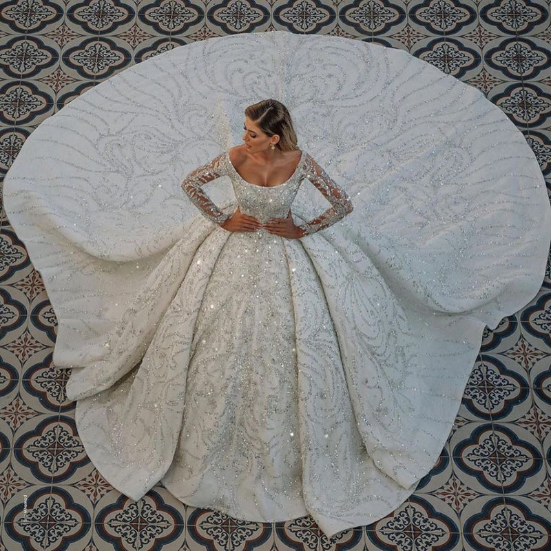 Luxurious Princess Ball Gown Long Sleevess Sparkly sequins Bridal Gowns with Sweep Train-Ballbella