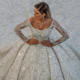 Luxurious Princess Ball Gown Long Sleevess Sparkly sequins Bridal Gowns with Sweep Train-Ballbella