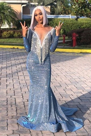 Luxurious Sequins Long Sleevess Mermaid Sheer Neckline Prom Dresses-Ballbella