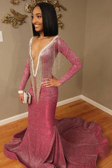 Luxurious Sequins Long Sleevess Mermaid Sheer Neckline Prom Dresses-Ballbella