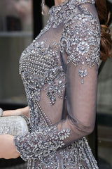 Luxurious Sparkle Cap sleeves High neck Beads Long Prom Dresses-Ballbella