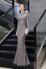 Luxurious Sparkle Cap sleeves High neck Beads Long Prom Dresses-Ballbella