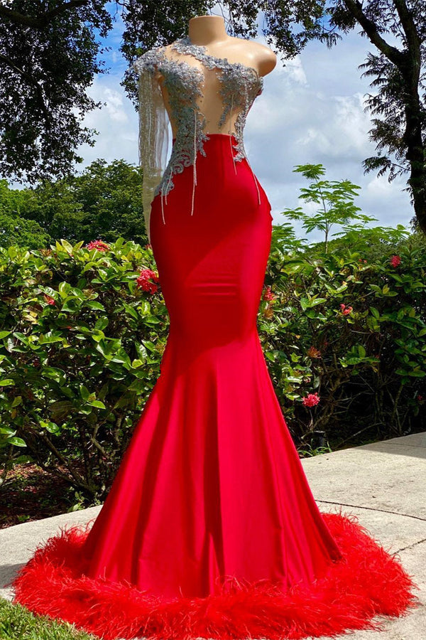 Mermaid Asymmetrical Appliques Lace Sequined Open Back One Shoulder Floor-length Sleeveless Prom Dress With Feather-Ballbella