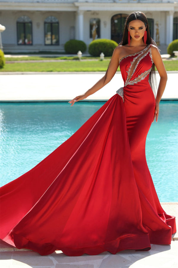 Mermaid Asymmetrical Beaded Floor-length Sleeveless Open Back With Side Train Prom Dress-Ballbella