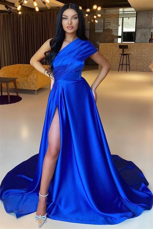 Mermaid Asymmetrical High Split One Shoulder Floor-length Prom Dress-Ballbella