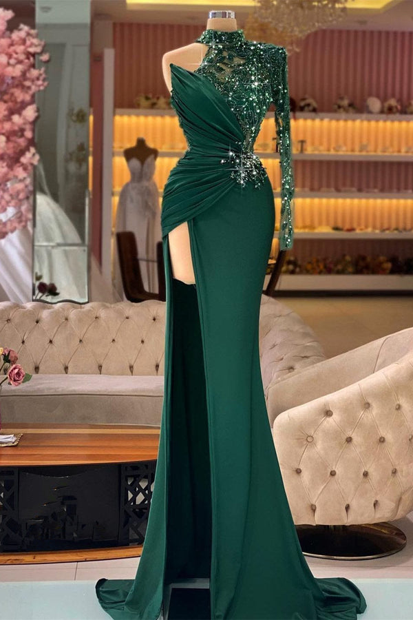 Mermaid Asymmetrical One Shoulder Sequined Floor-length Long Sleeve Lace Applique Prom Dress-Ballbella