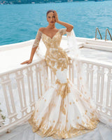 Mermaid Bridal Gowns Gold Appliques Half Sleeve Cape-Ballbella