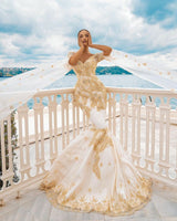 Mermaid Bridal Gowns Gold Appliques Half Sleeve Cape-Ballbella