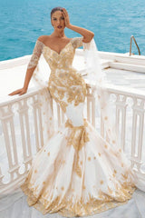 Mermaid Bridal Gowns Gold Appliques Half Sleeve Cape-Ballbella