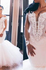 Mermaid Deep V-neck Floor Length Tulle Applique Wedding Dress-Ballbella