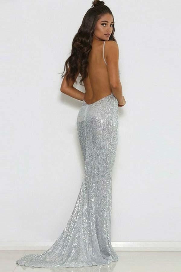 Mermaid Deep V-neck Spaghetti Strap Floor Length Backless Paillette Evening Dress-Ballbella