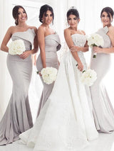 Charming Mermaid Satin Ruffles Strapless Sleeveless Bridesmaid Dresses