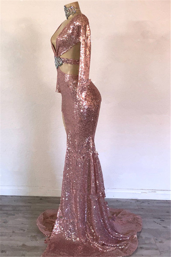 Mermaid Gorgeous Sequins V-Neck Long-Sleeves Side-Slit Prom Dresses-Ballbella