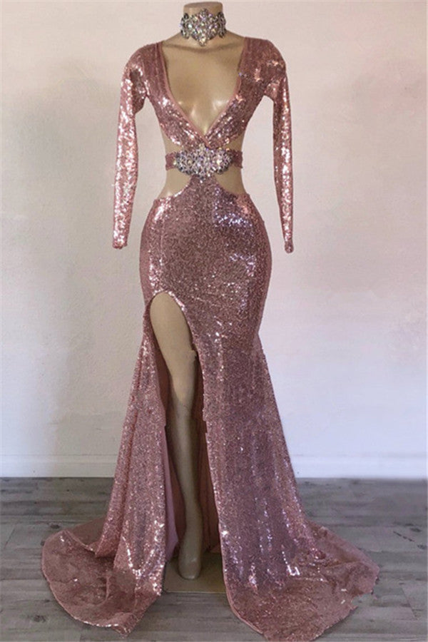 Mermaid Gorgeous Sequins V-Neck Long-Sleeves Side-Slit Prom Dresses-Ballbella