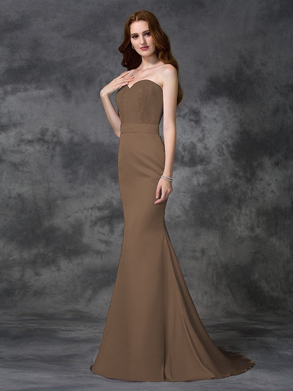 Charming Mermaid Sweetheart Beading Sleeveless Long Satin Chiffon Bridesmaid Dresses