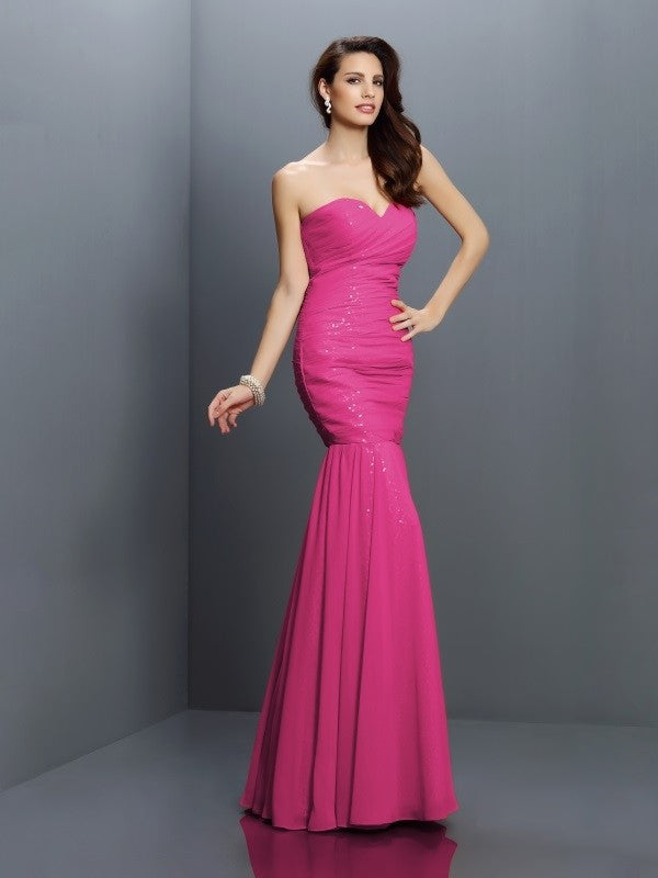 Charming Mermaid Sweetheart Pleats Sleeveless Long Chiffon Bridesmaid Dresses