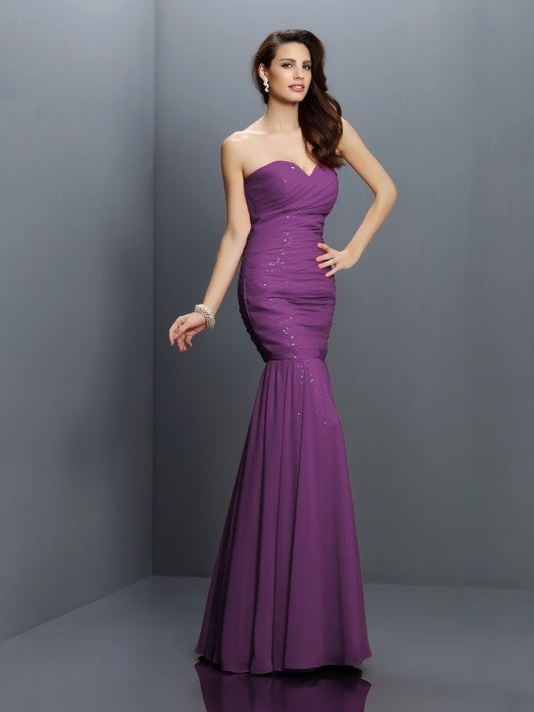 Charming Mermaid Sweetheart Pleats Sleeveless Long Chiffon Bridesmaid Dresses