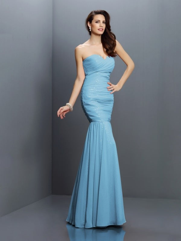 Charming Mermaid Sweetheart Pleats Sleeveless Long Chiffon Bridesmaid Dresses