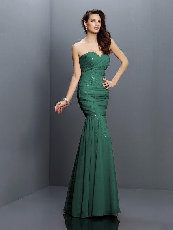 Charming Mermaid Sweetheart Pleats Sleeveless Long Chiffon Bridesmaid Dresses