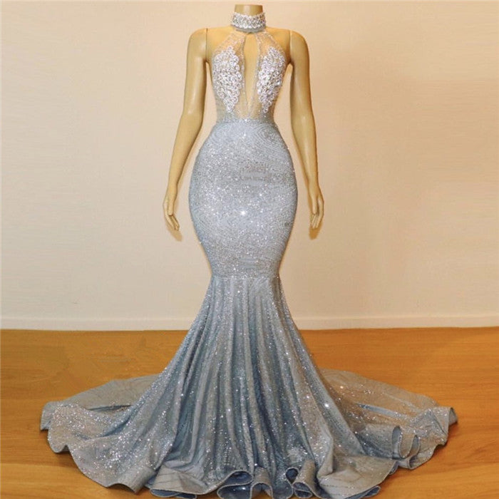 Mermaid Halter Sleeveless Floor-Length Prom Party Gowns-Ballbella