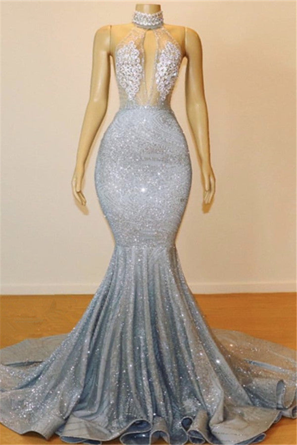 Mermaid Halter Sleeveless Floor-Length Prom Party Gowns-Ballbella