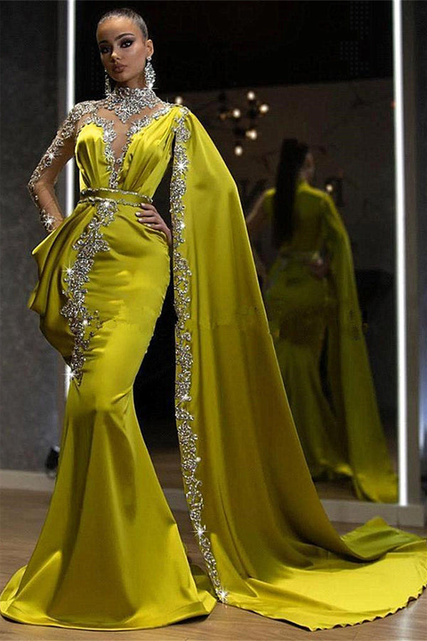 Mermaid High Neck Floor-length Long Sleeve With Shawl Applique Prom Dress-Ballbella