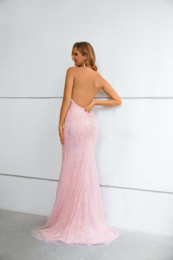 Mermaid High Neck Lace Sequined Floor-length Sleeveless Backless Prom Dress-Ballbella