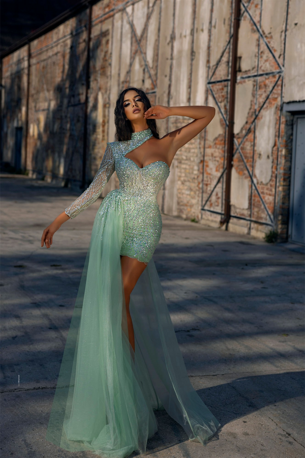 Mermaid High Neck Lace Sequined Mini One Shoulder Beaded Prom Dress With Side Train-Ballbella