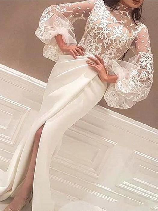 Mermaid High Neck Lace Wedding Dress Satin Long Sleeves Evening Party Dress-Ballbella