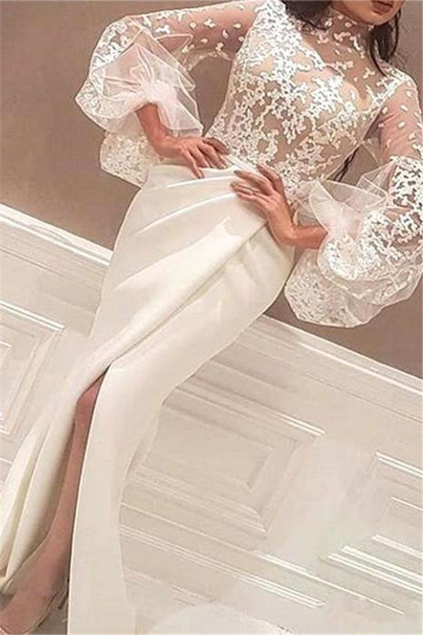 Mermaid High Neck Lace Wedding Dress Satin Long Sleeves Evening Party Dress-Ballbella