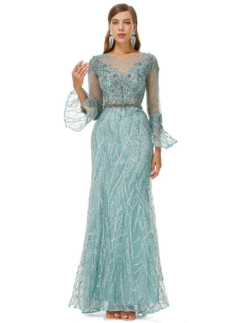 Mermaid Jewel Lace Sequined Ankle Lengt Long Sleeve Prom Dress-Ballbella