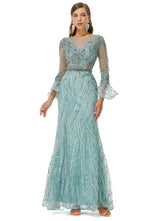 Mermaid Jewel Lace Sequined Ankle Lengt Long Sleeve Prom Dress-Ballbella