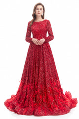 Mermaid Jewel Sequined Floor-length Long Sleeve With Feather Prom Dress-Ballbella