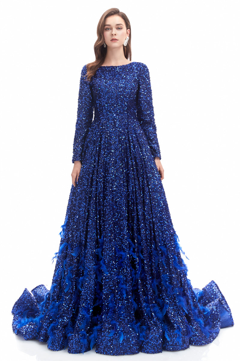 Mermaid Jewel Sequined Floor-length Long Sleeve With Feather Prom Dress-Ballbella