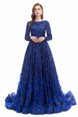 Mermaid Jewel Sequined Floor-length Long Sleeve With Feather Prom Dress-Ballbella